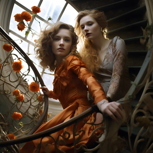 two sisters on a spiral staircase wearing designer jewellery