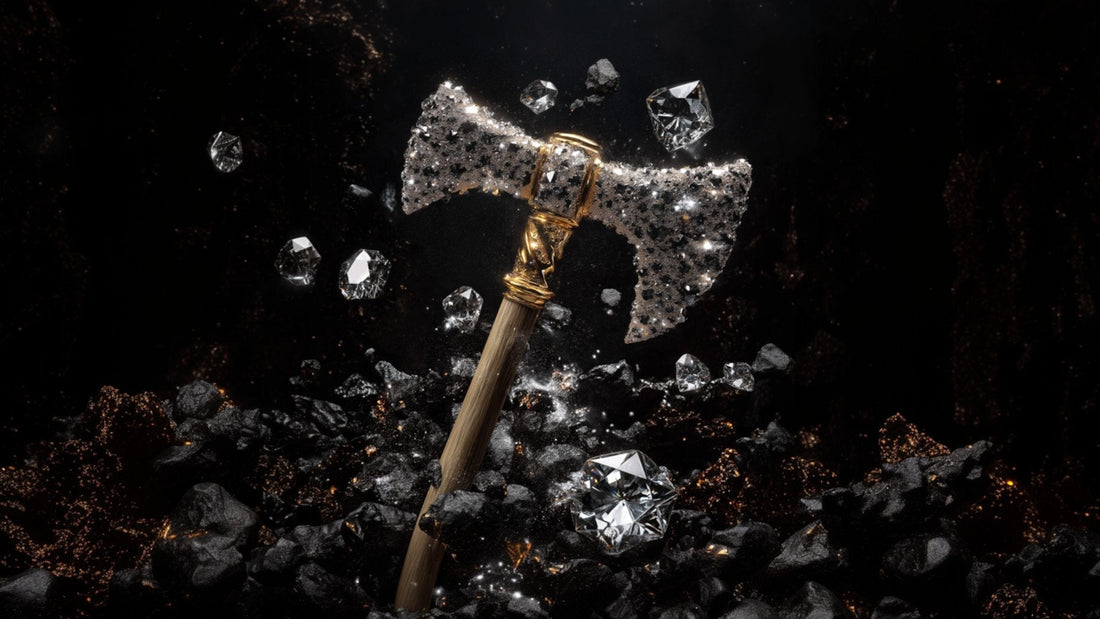 Diamond-encrusted hammer symbolising the battle between natural and lab grown diamonds, created in Midjourney.