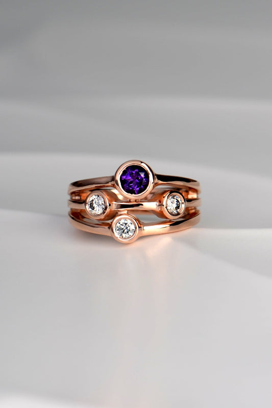 Amethyst and lab diamond rose gold Cairn ring - Rings Christine Sadler Unforgettable Jewellery