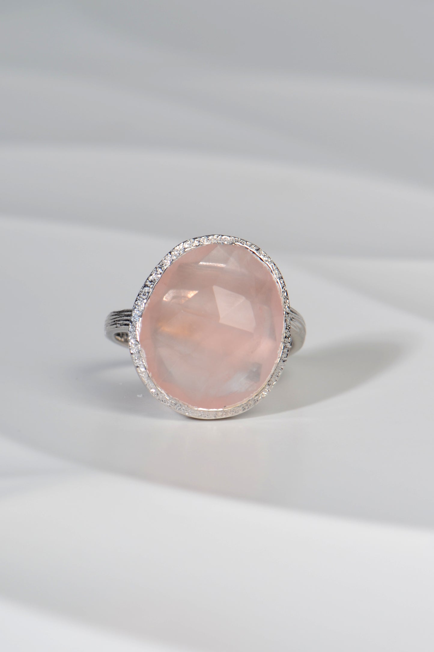 Designer Rose Quartz Silver Statement Ring