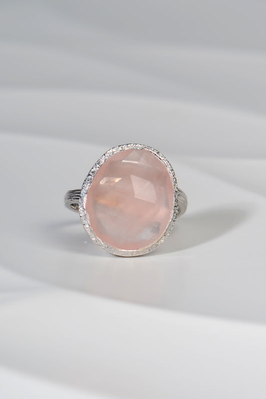 Designer Rose Quartz Silver Statement Ring