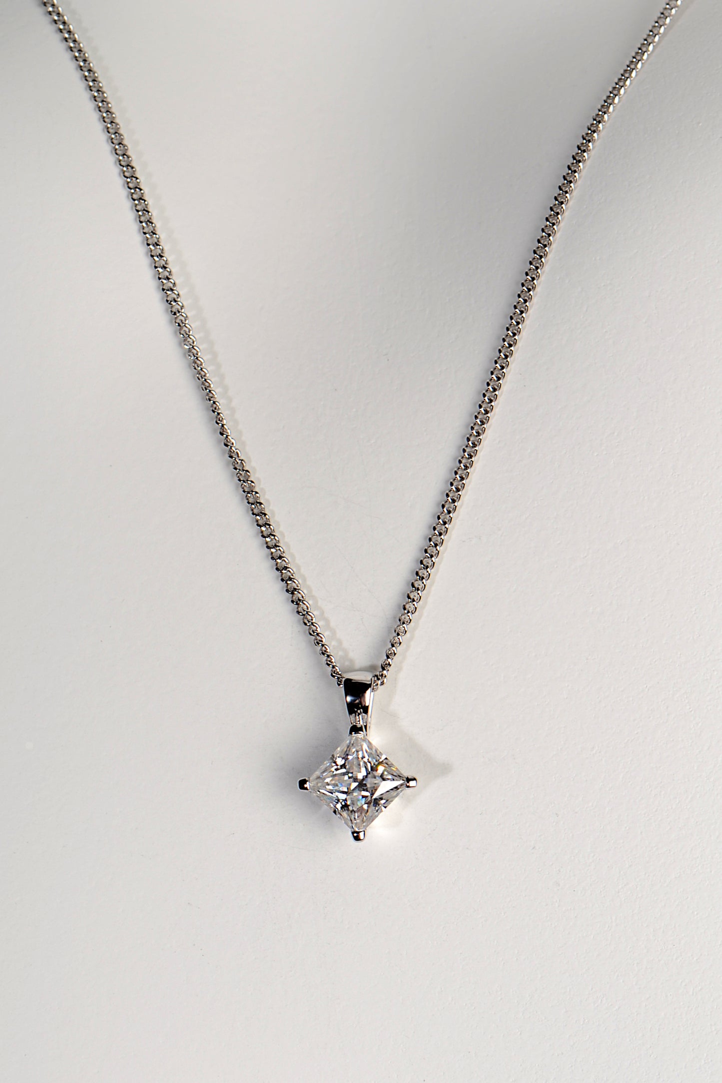 Princess cut one carat moissanite white gold necklace