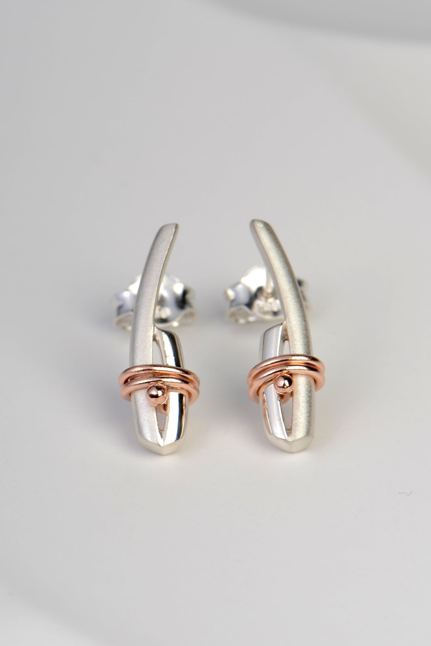 modern silver and rose gold stud earrings from Scottish jewellery designer Christine Sadler Ayr