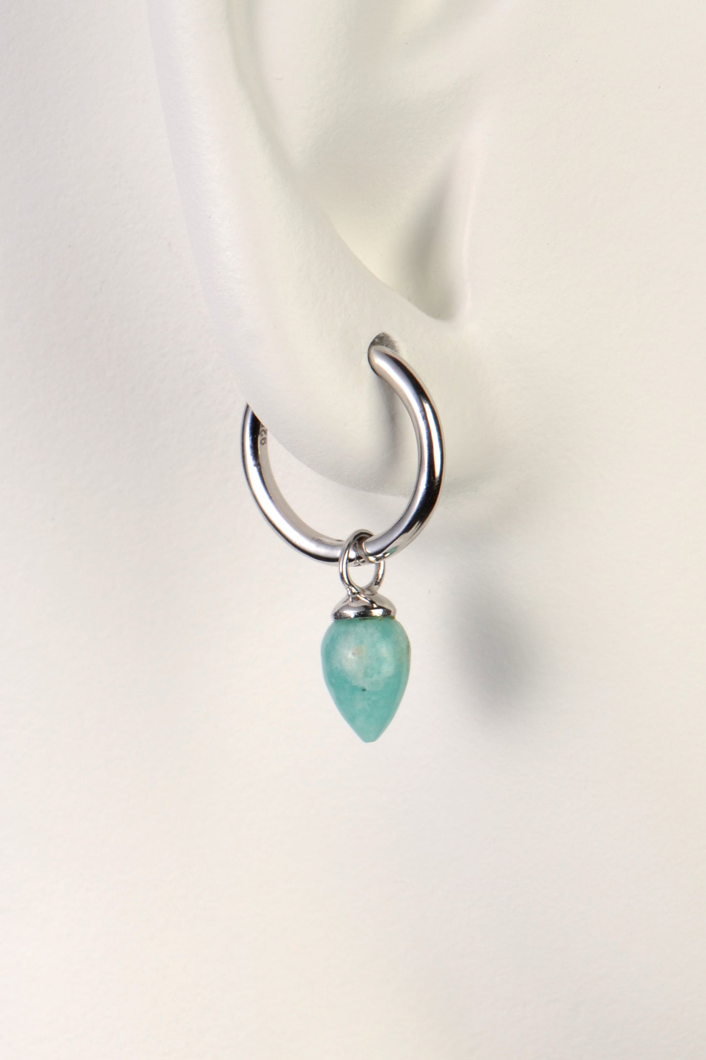 high quality small silver hoop earrings with amazonite real gemstone by jewellery designer Jorge Revilla