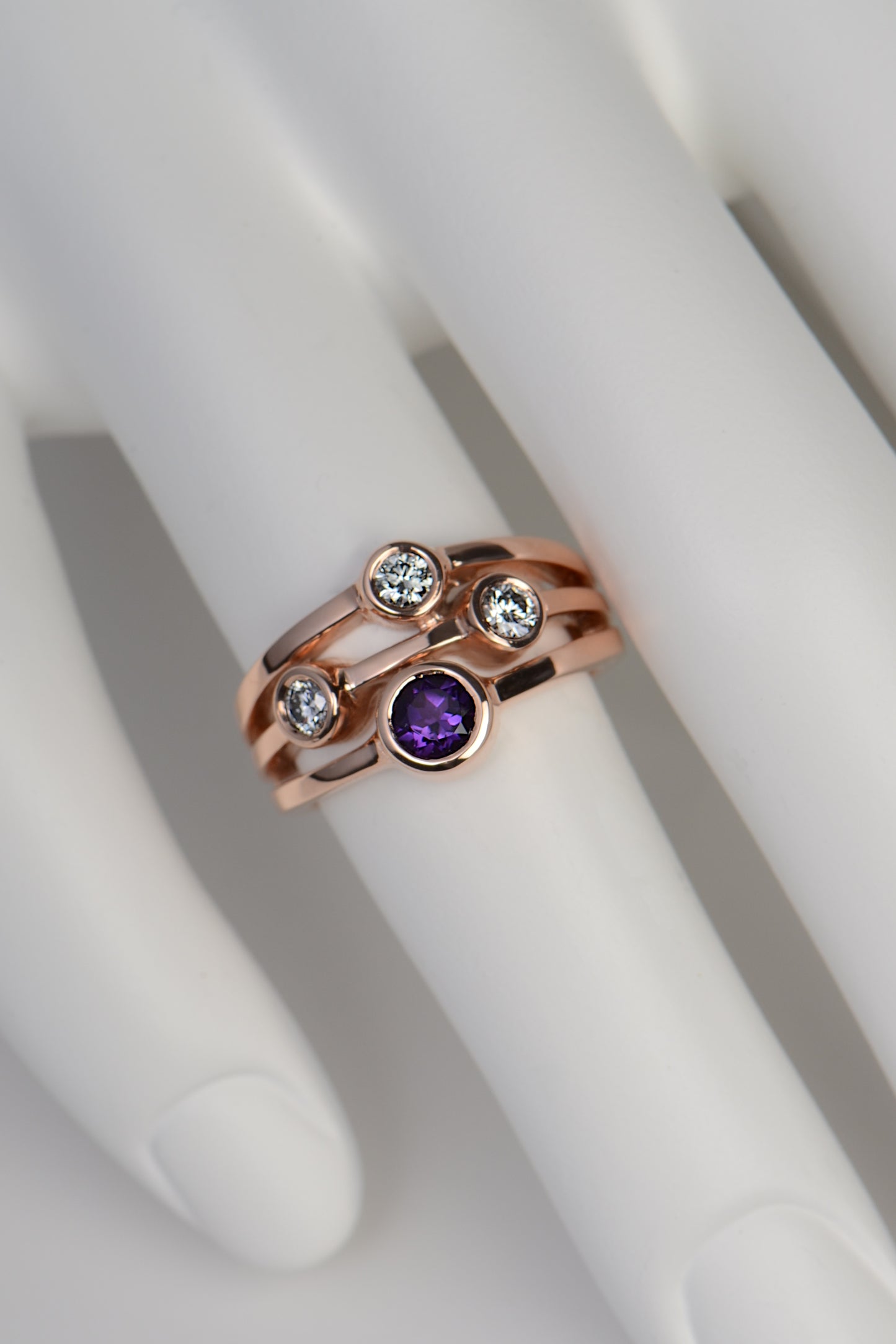 Amethyst and lab diamond rose gold Cairn ring - Rings Christine Sadler Unforgettable Jewellery