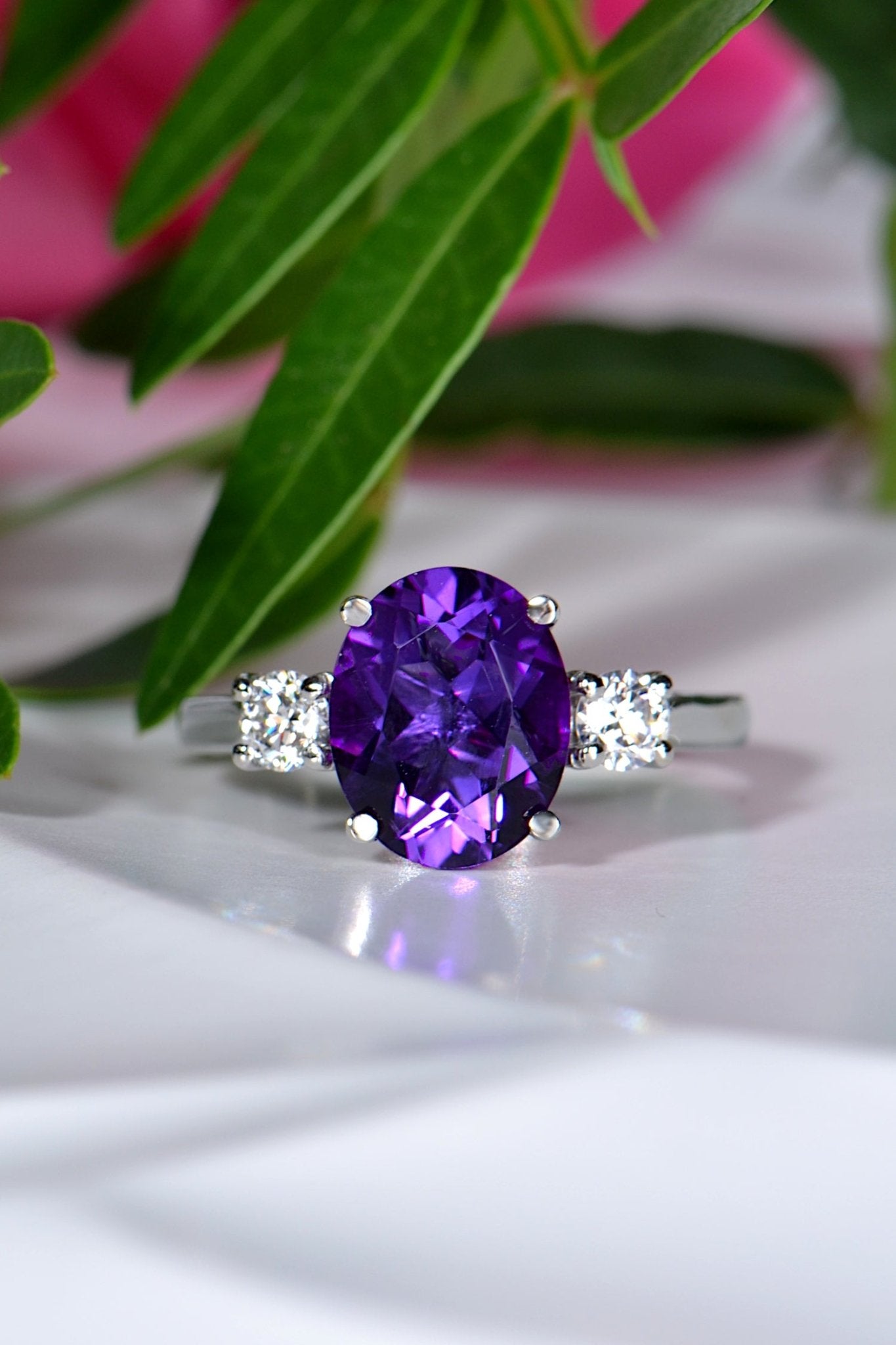 Designer Amethyst Diamond Three Stone Platinum Ring