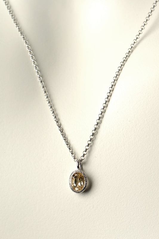 Designer silver gemstone necklace with an oval Citrine, the birthstone for November
