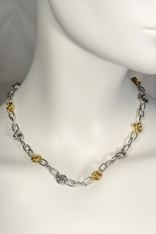modern high quality silver friendship knot necklace with alternating silver and gold vermeil knots. A contemporary chain necklace from Christine Sadler