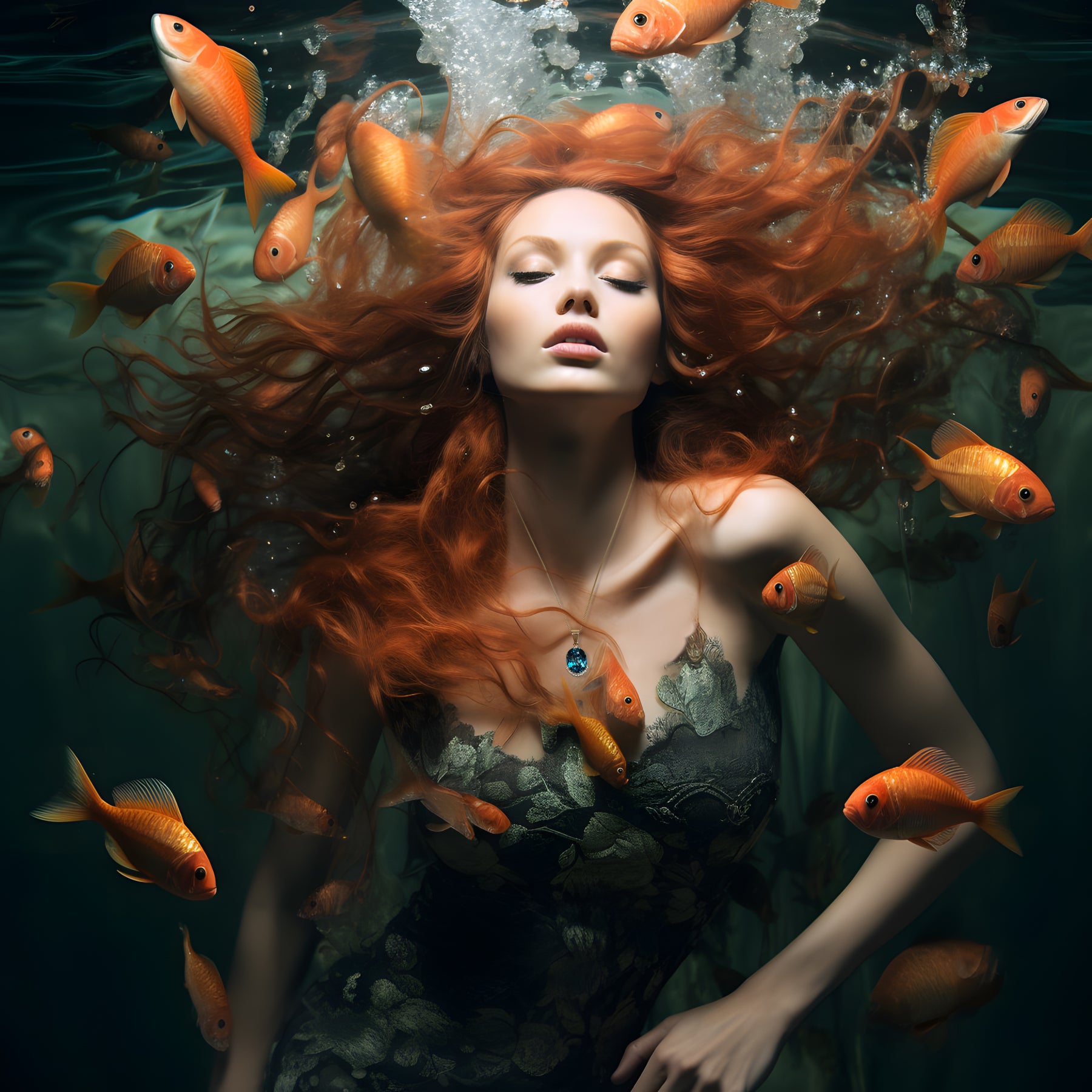 Fairy pools Isle of skye mermaid myth rendered in AI Midjourney for luxury scottish jewellery designer's diamond jewellery collection. Mermaid with goldfish wearing diamond necklace