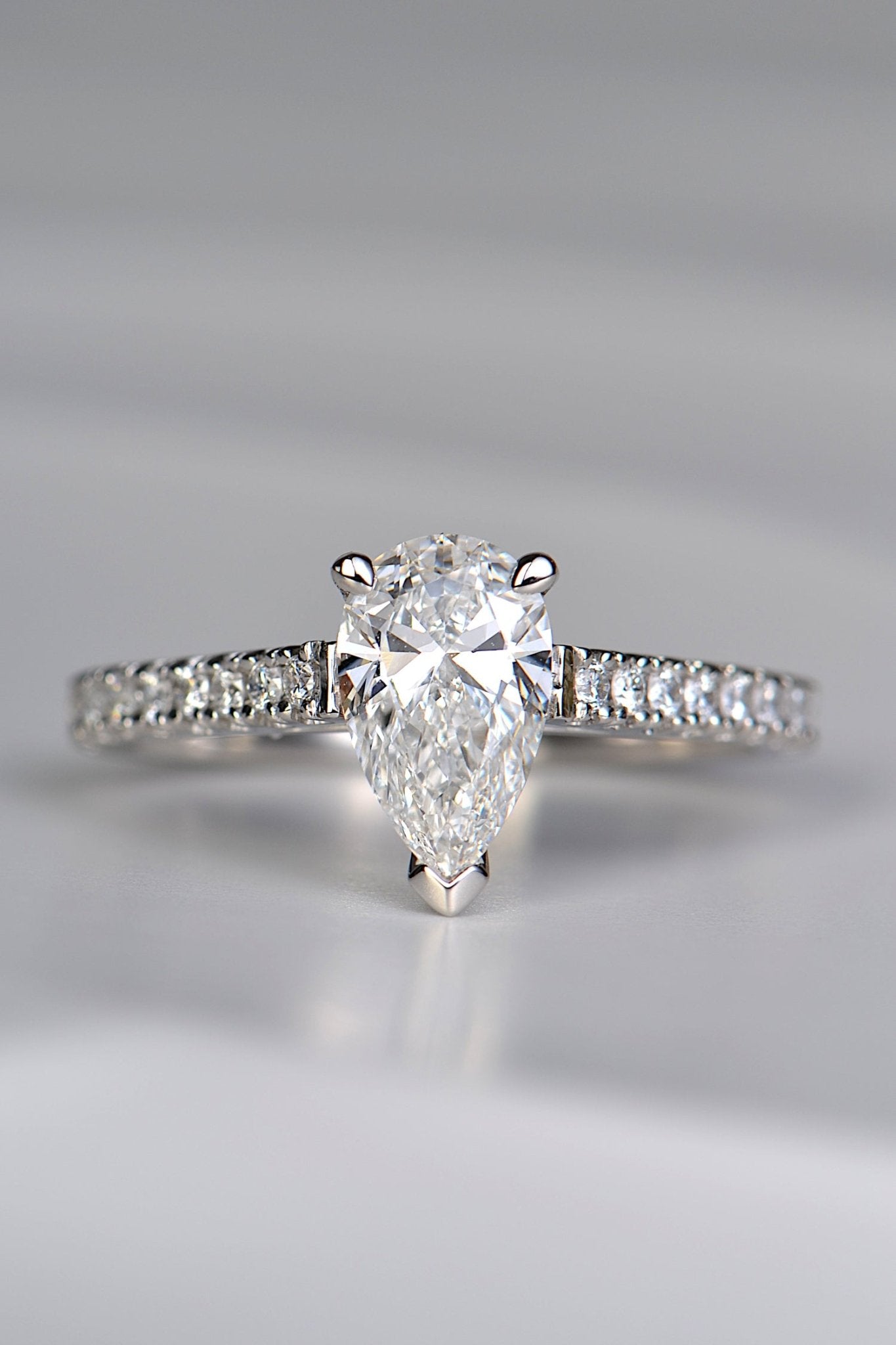 high quality pear cut diamond engagement ring available in lab grown or mined diamonds