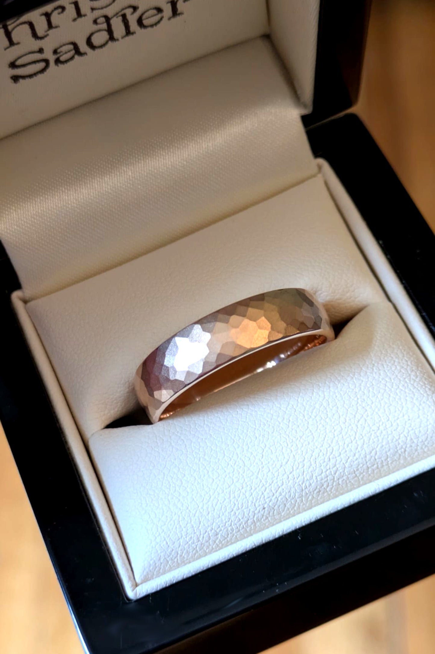 Luxury 6mm 18ct rose gold gents wedding ring with hammered matt brushed texture, presented in a Christine Sadler Unforgettable Jewellery branded box – handmade in the UK
