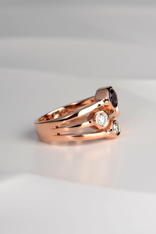 Amethyst and lab diamond rose gold Cairn ring - Rings Christine Sadler Unforgettable Jewellery