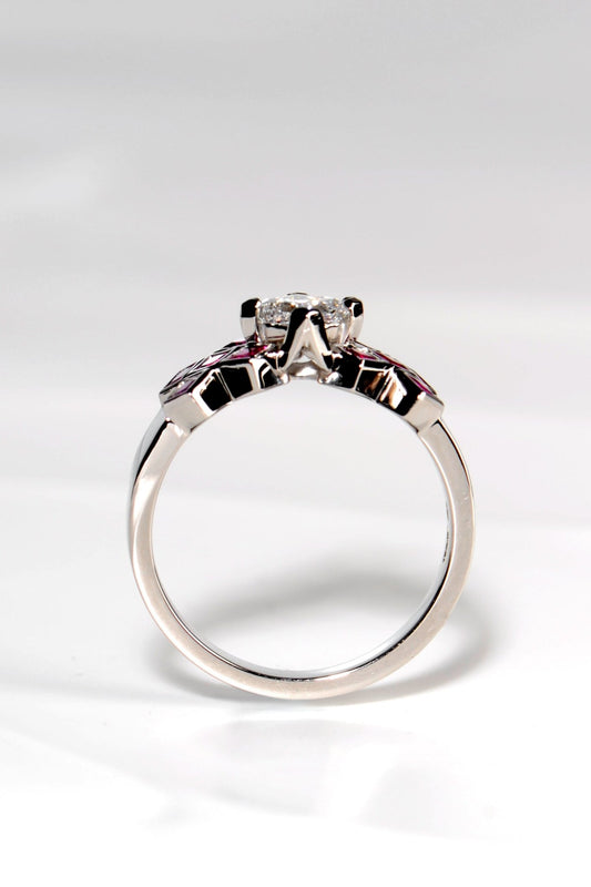 scottish tartan engagement ring in platinum with rubies and diamonds by scottish jewellery designer Christine Sadler