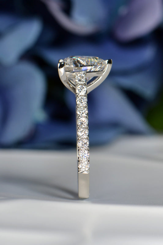 side view of platinum heart lab diamond ring showing heart claw design - Christine Sadler