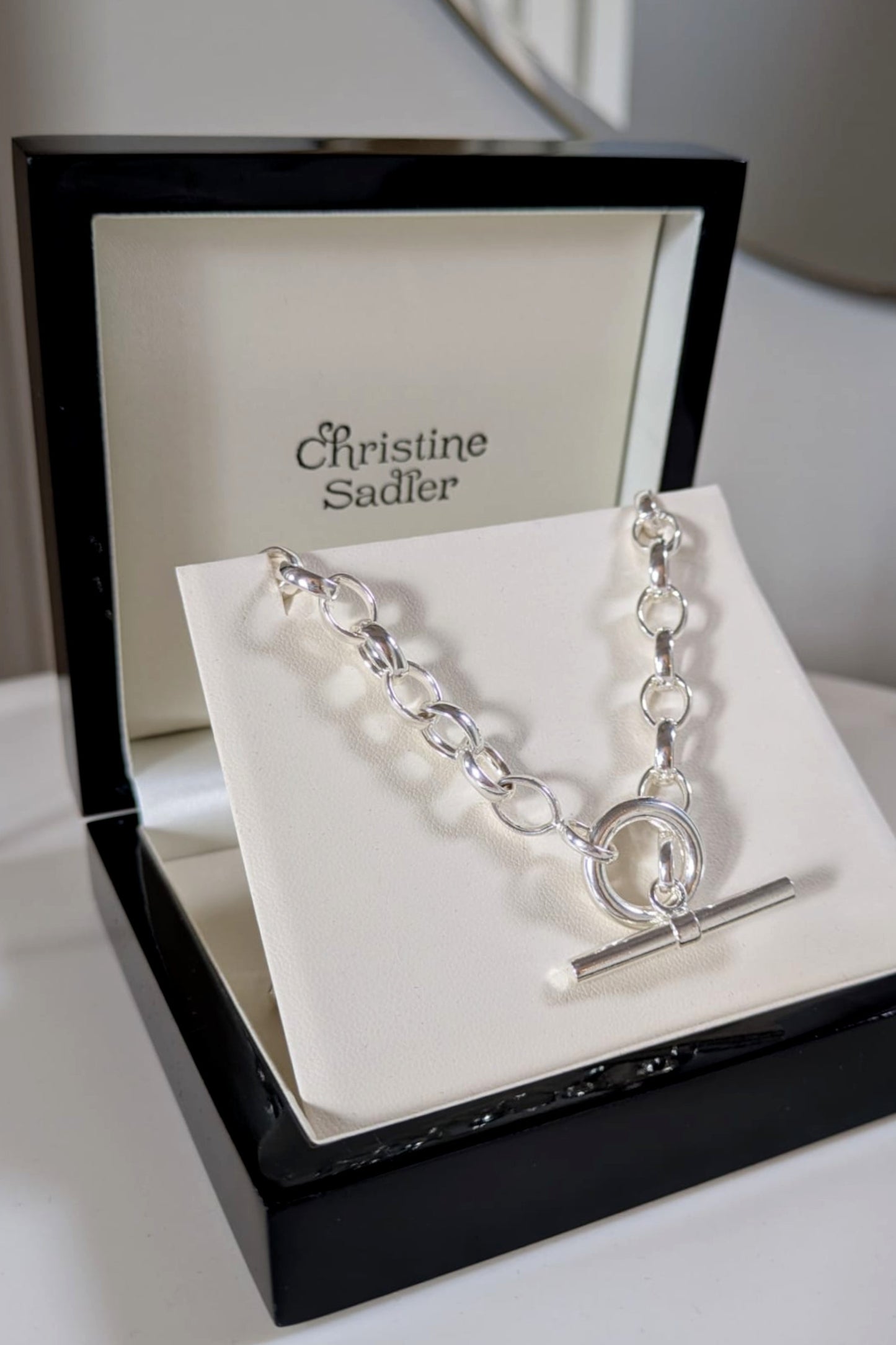 Luxury sterling silver T-bar necklace presented in gift box with branded ribbon – Christine Sadler Unforgettable Jewellery