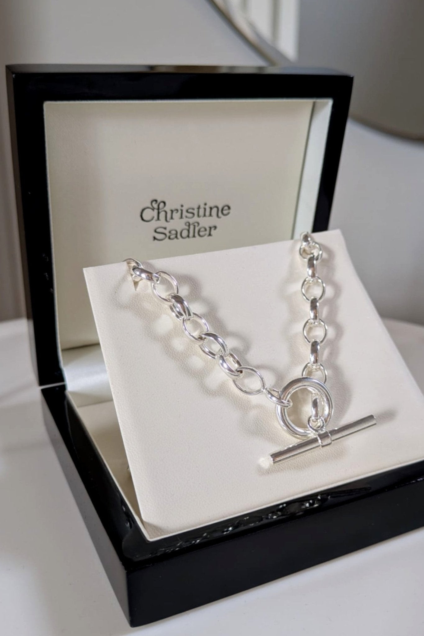 Luxury sterling silver T-bar necklace presented in gift box with branded ribbon – Christine Sadler Unforgettable Jewellery