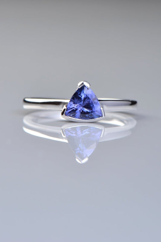 White gold tanzanite ring with a triangular gemstone from Christine Sadler's Sailing Stones collection, made in the UK