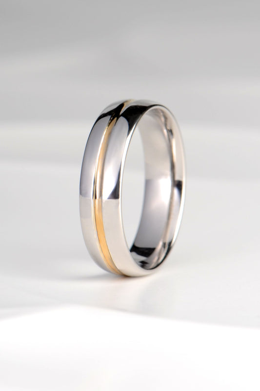 Men’s 9ct white gold wedding ring with yellow gold inlay, 6mm court shape, handmade in the UK