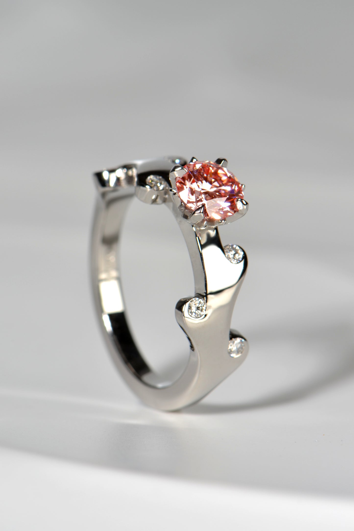 Very special pink lab diamond ring which has the colour of rose wine. Made in platinum, this lab diamond ring is exclusively available from jewellery designer Christine Sadler