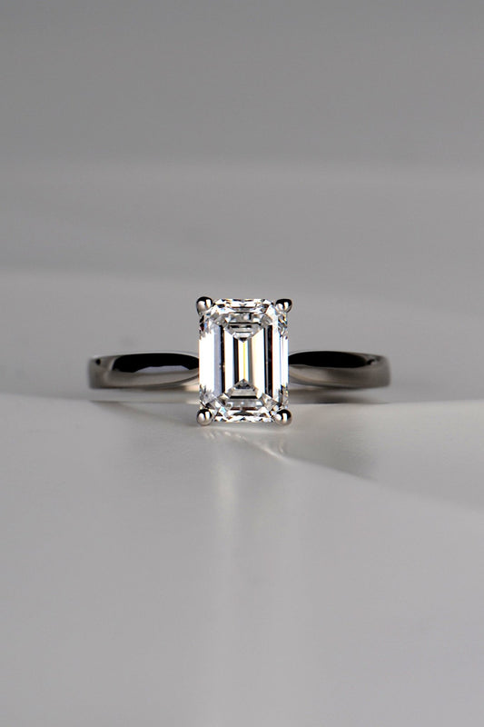 lab grown emerald cut diamond engagement ring in platinum
