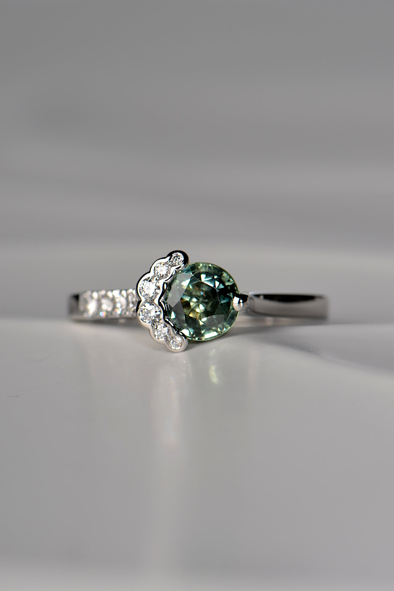 Fairypools green sapphire and diamond platinum ring