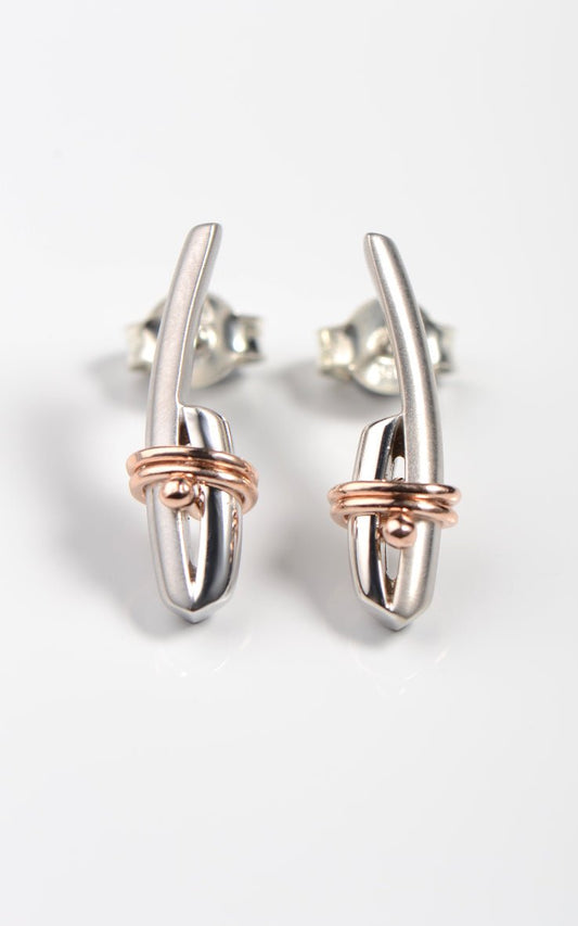 Modern handmade white gold earrings with rose gold detail from British jewellery designer Christine Sadler's romantic Stay Together collection
