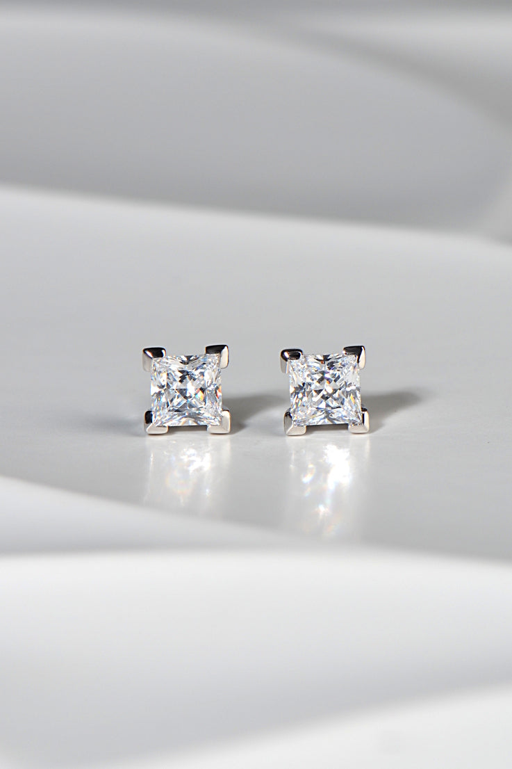 Silver Princess Cut Stud Earrings