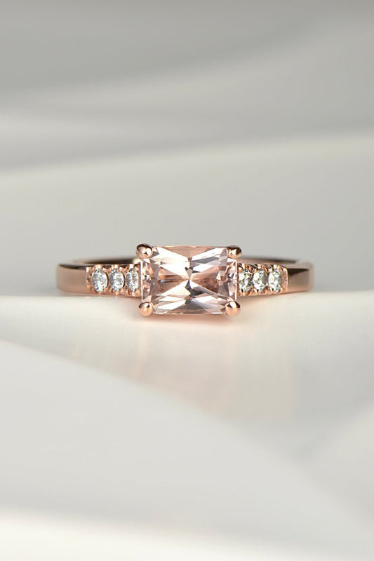 modern rose gold morganite and diamond ring in east west setting