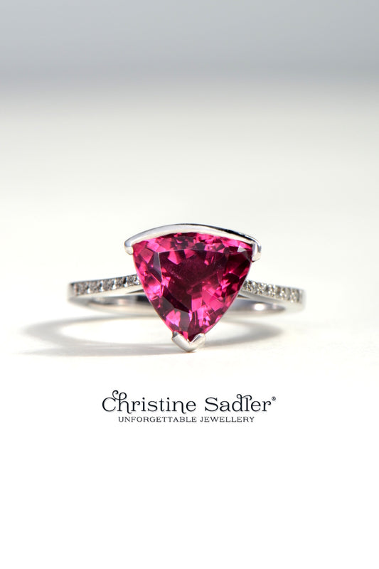 Slingshot rubellite and diamond 18ct white gold ring