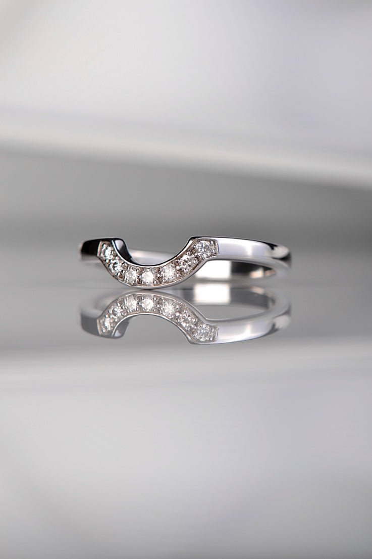 Shaped wedding ring with diamonds in 18ct white gold to fit halo ring - Wedding Ring Christine Sadler