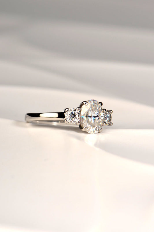 three stone moissanite engagement ring from jewellery designer Christine Sadler who is based in Ayr Scotland