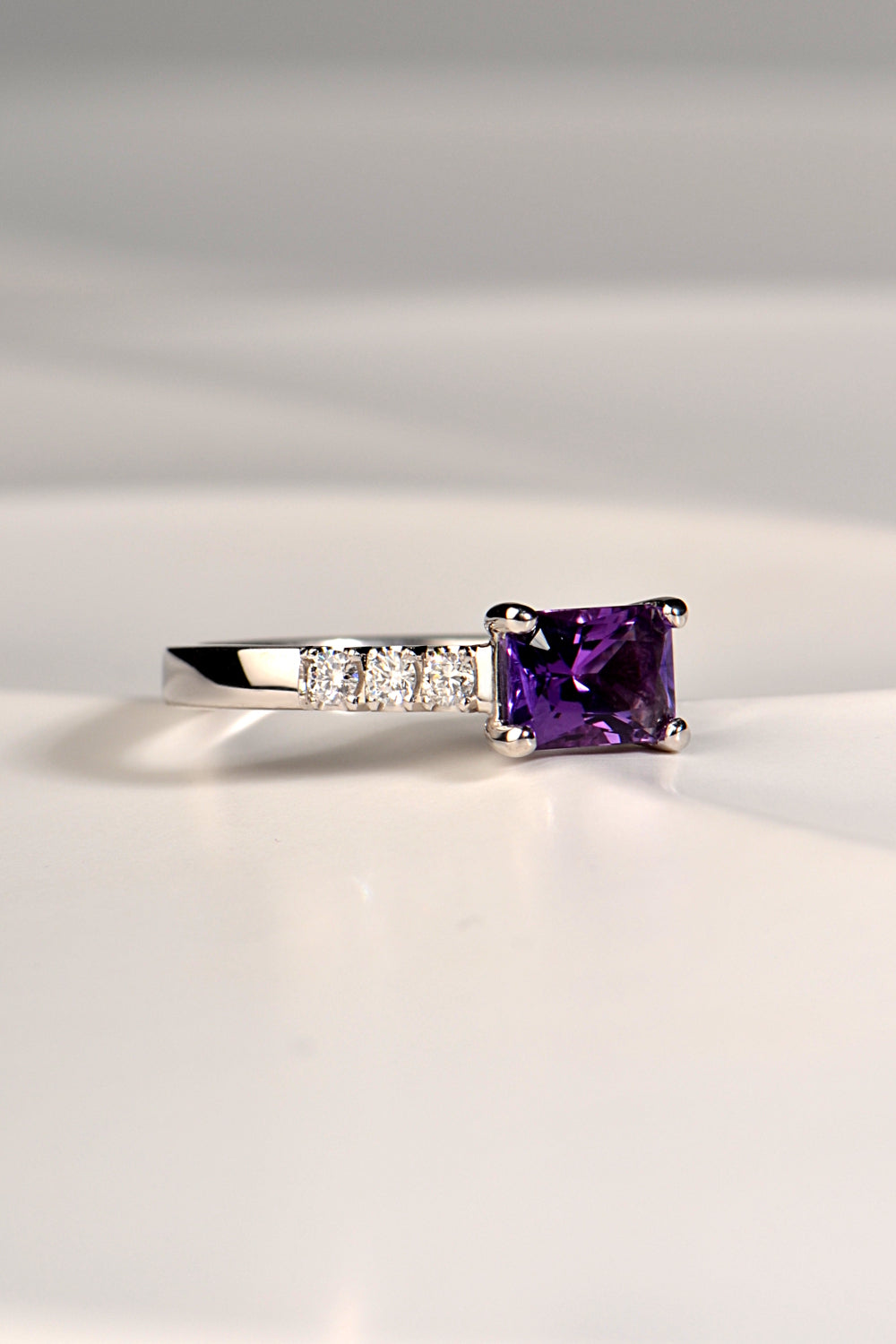 designer amethyst and diamond white gold ring