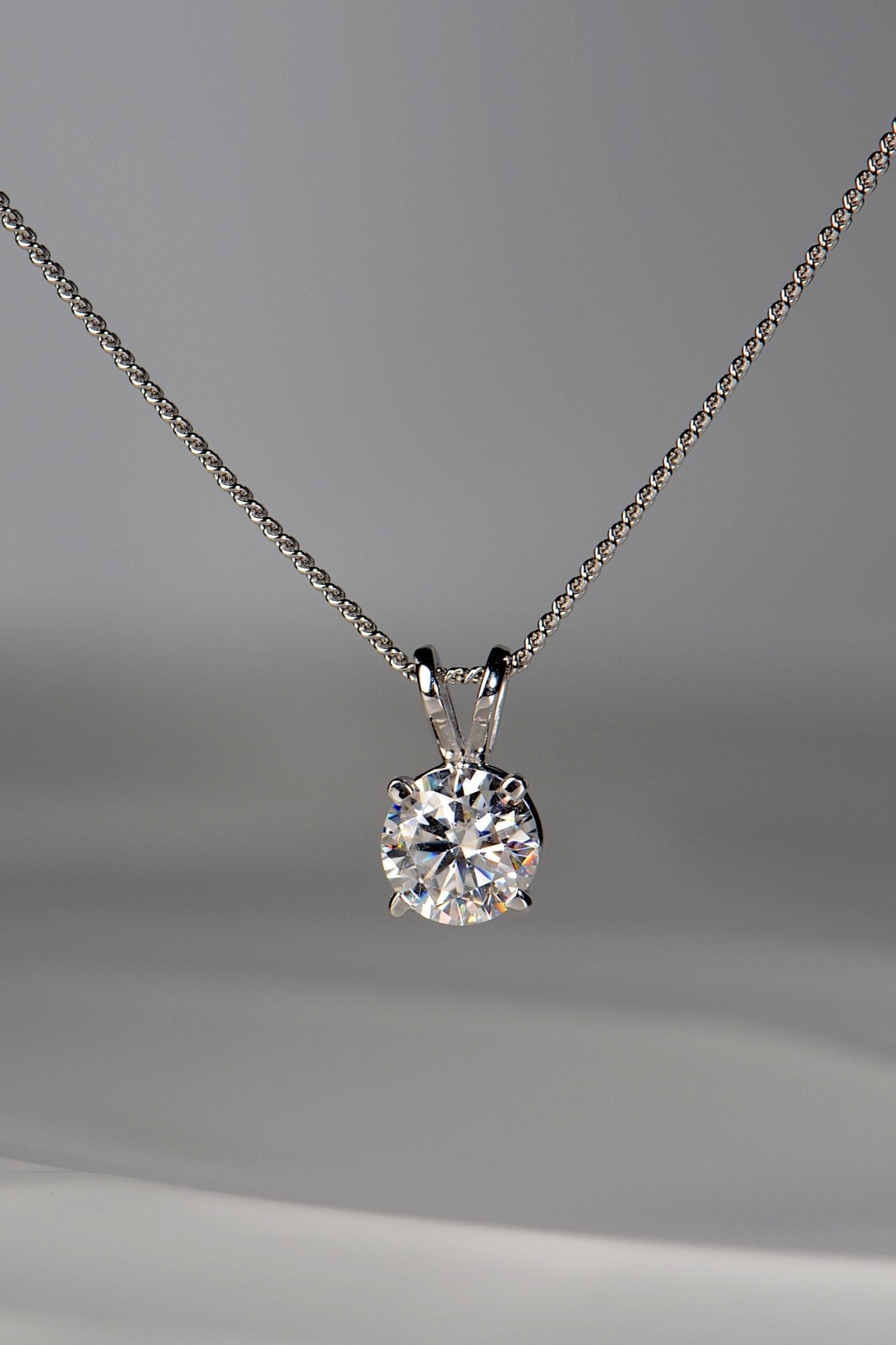 One carat moissanite necklace in 9ct white gold. Affordable, beautiful and made in the UK