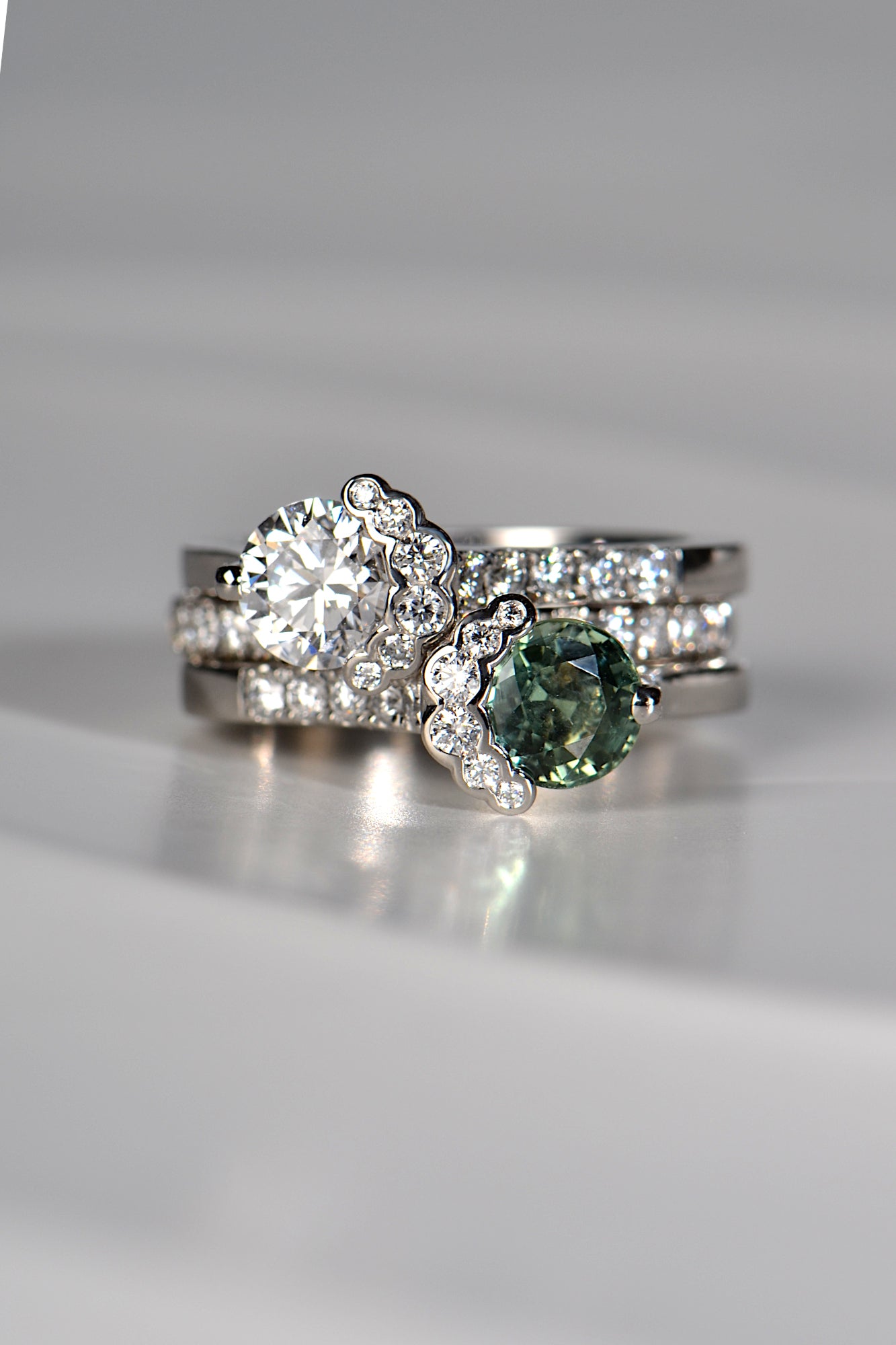 Fairypools green sapphire and diamond platinum ring