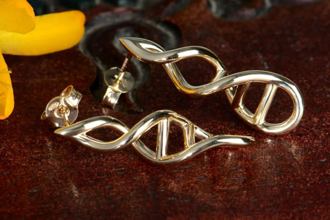 designer gold earrings in DNA double helix shape - gift for a family member that symbolises connection