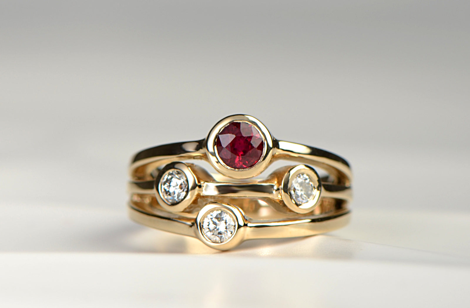 modern right hand ring with rubies and lab diamonds in yellow gold - Christine Sadler