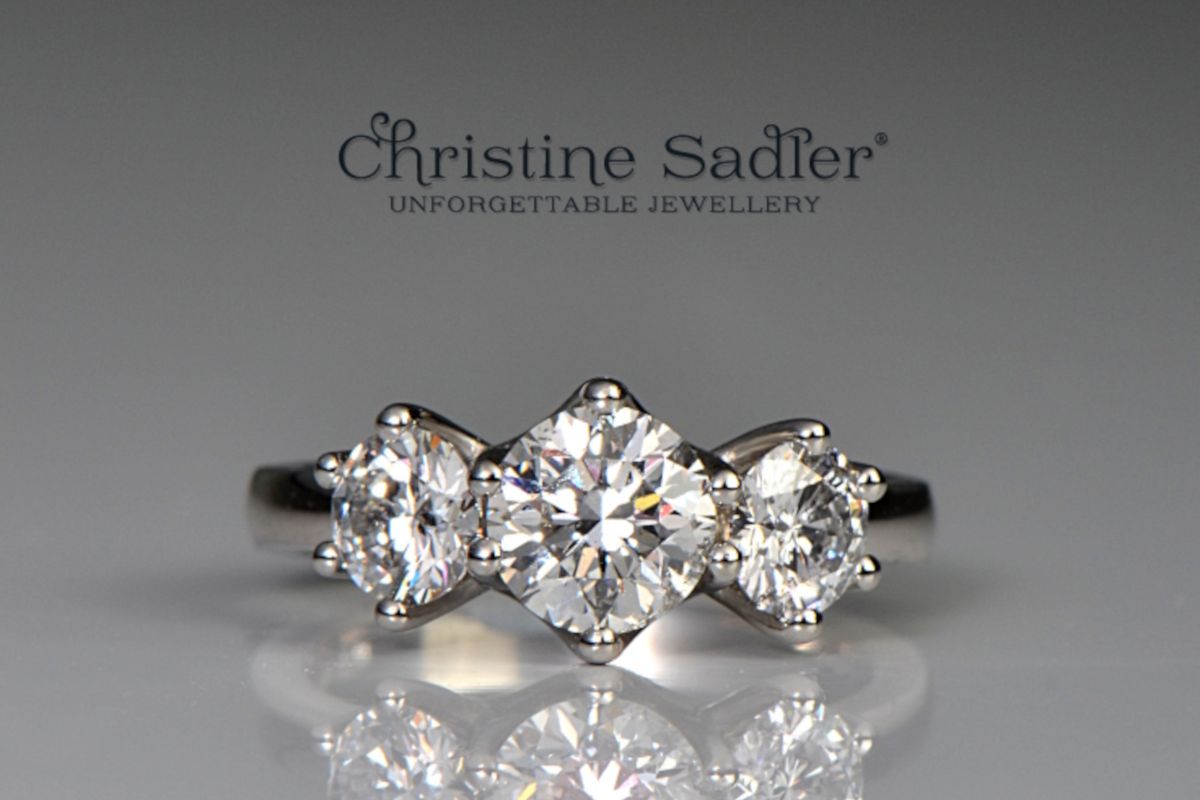 one and a half carat three stone platinum diamond ring from Christine Sadler
