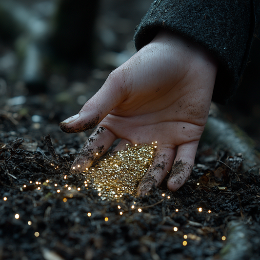 AI image of a woman's hand planting gold seeds