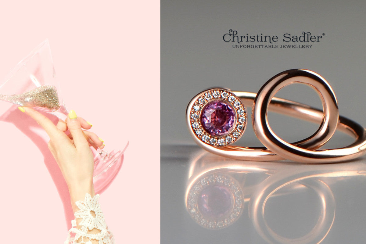 cocktail glass on the left and unique rose gold and pink tourmaline diamond cocktail ring from UK jewellery designer Christine Sadler