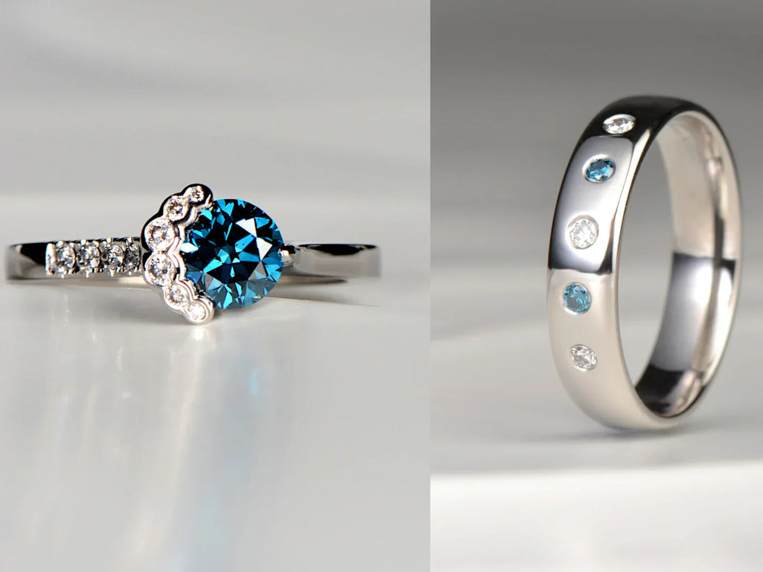 matching engagement rings for a man and a women with blue and white diamonds from Christine Sadler