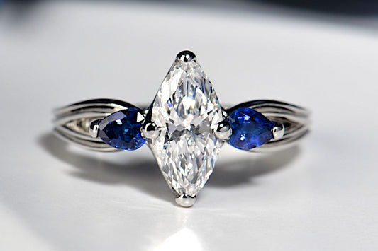 bespoke sapphire and diamond platinum engagement designed in Scotland - Christine Sadler