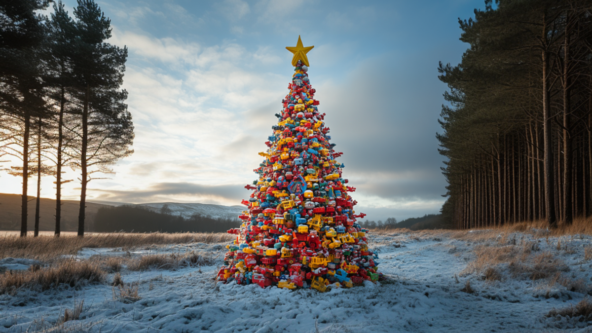 Christmas tree made out of plastic toys in a snow covered Scottish forest