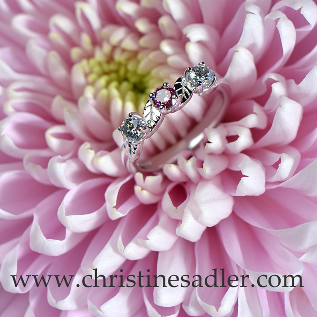 Pink diamond ring with two white diamonds in white gold