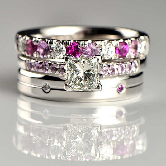 bespoke diamond and pink sapphire bridal set of rings - engagement, wedding and eternity