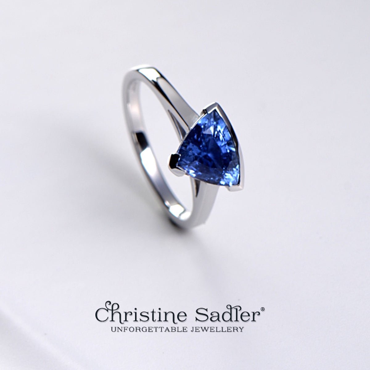 Slingshot commission ring - Ceylon sapphire in 18ct white gold - Christine Sadler Unforgettable Jewellery