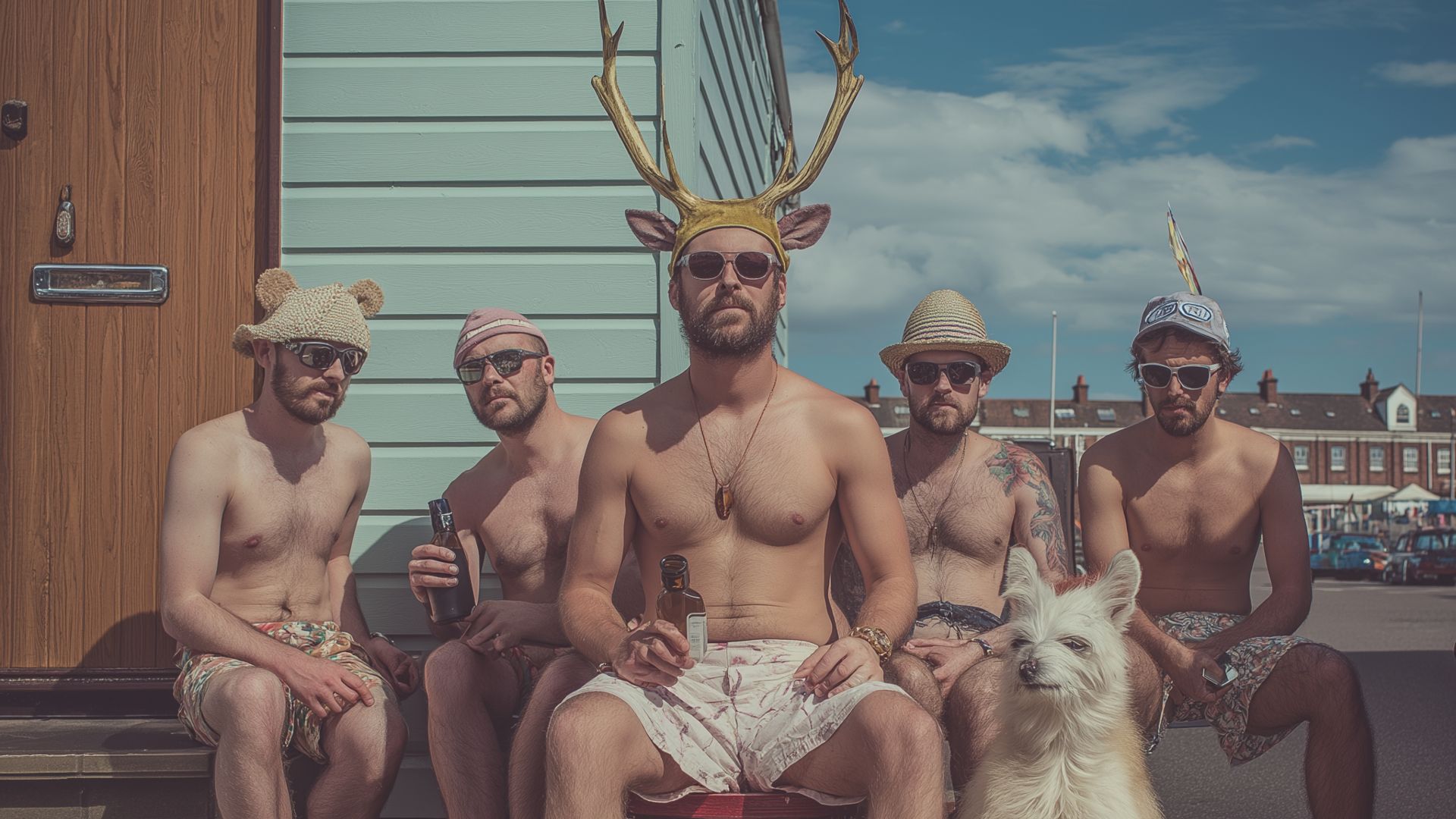 Image of group of men looking bored on traditional stag do for cover image to blog about alternative modern stag do ideas