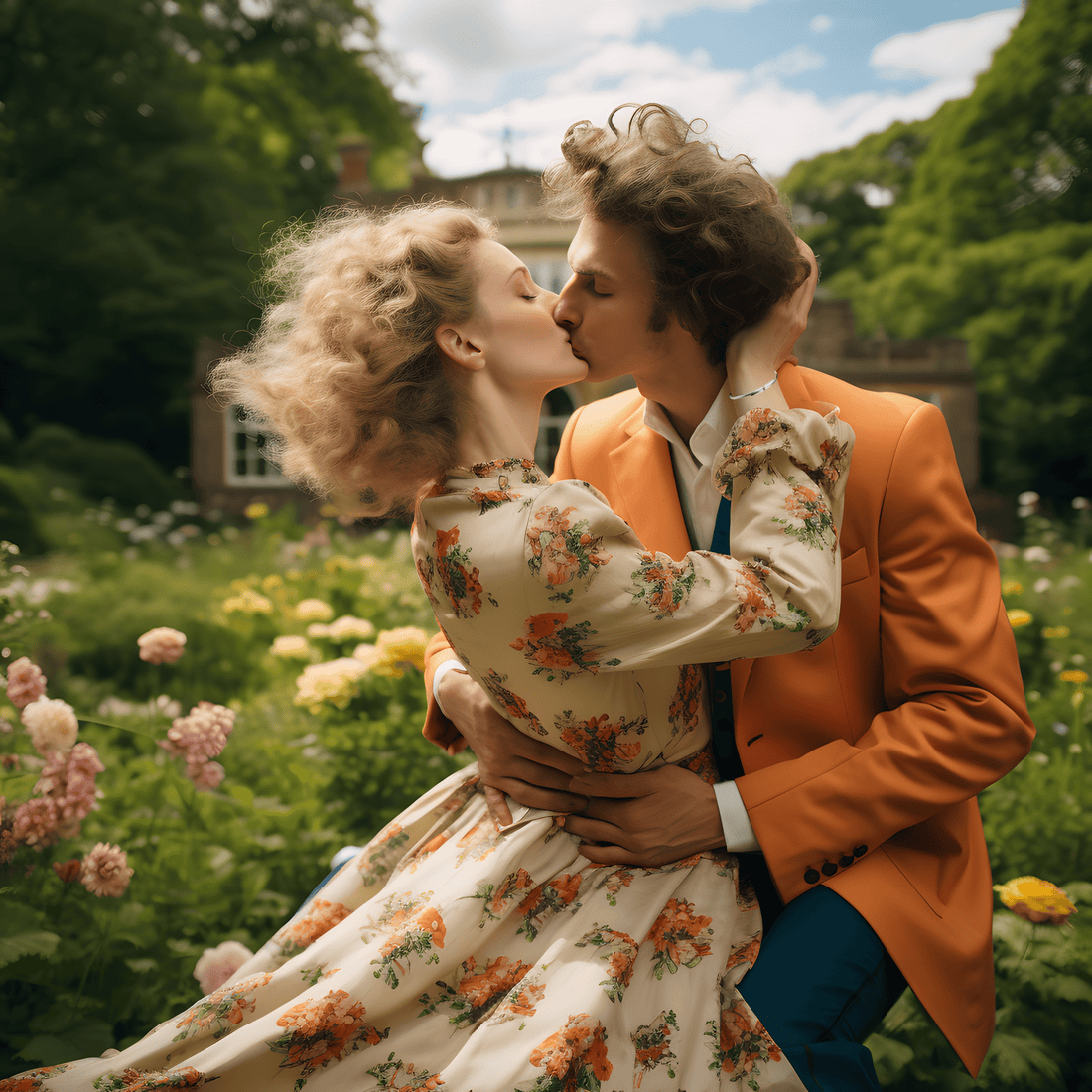 Couple in floral dress and orange jacket kissing in an English garden, symbolising timeless love and meaningful gifts.