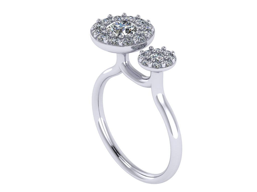 Side profile of a unique one-of-a-kind platinum halo engagement ring with a tiered stepping stone design - Christine Sadler
