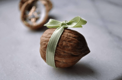 walnut shell tied closed with a pale green ribbon - special gifts at Christmas