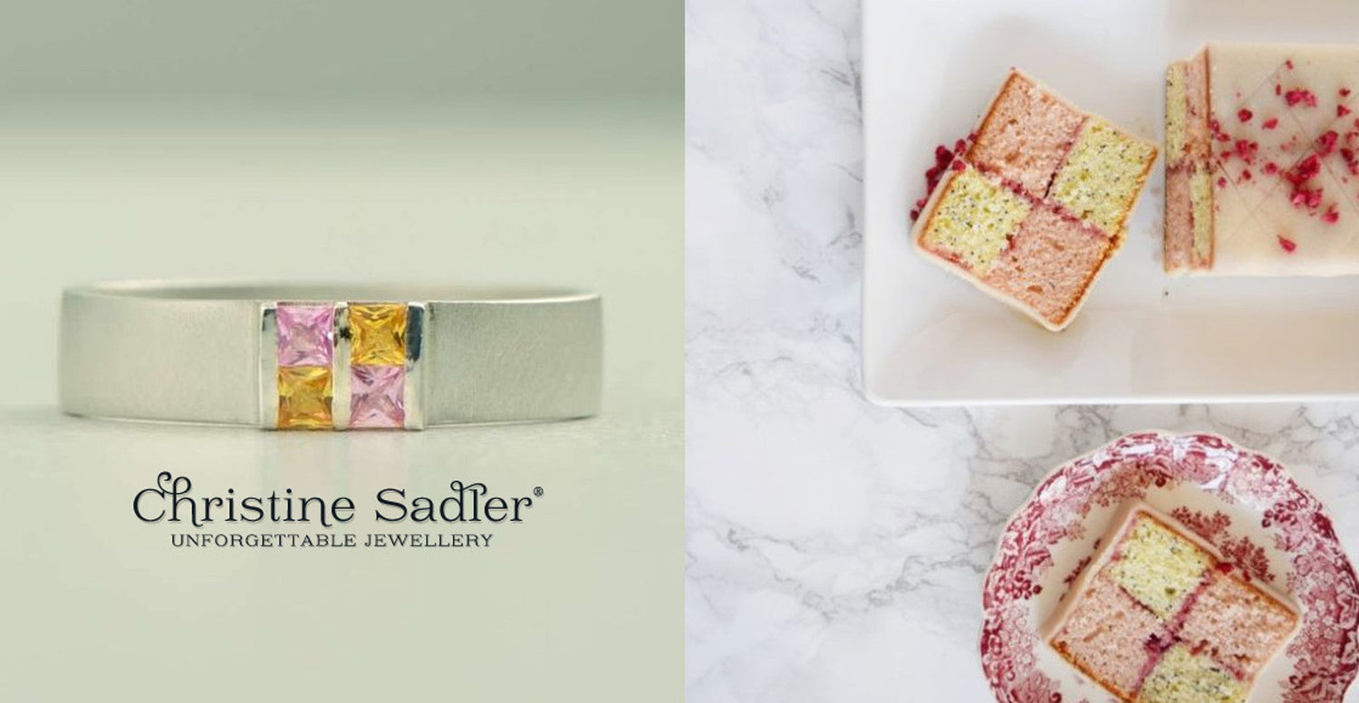 unusual silver ring set with yellow and pink sapphires inspired by Battenberg cake